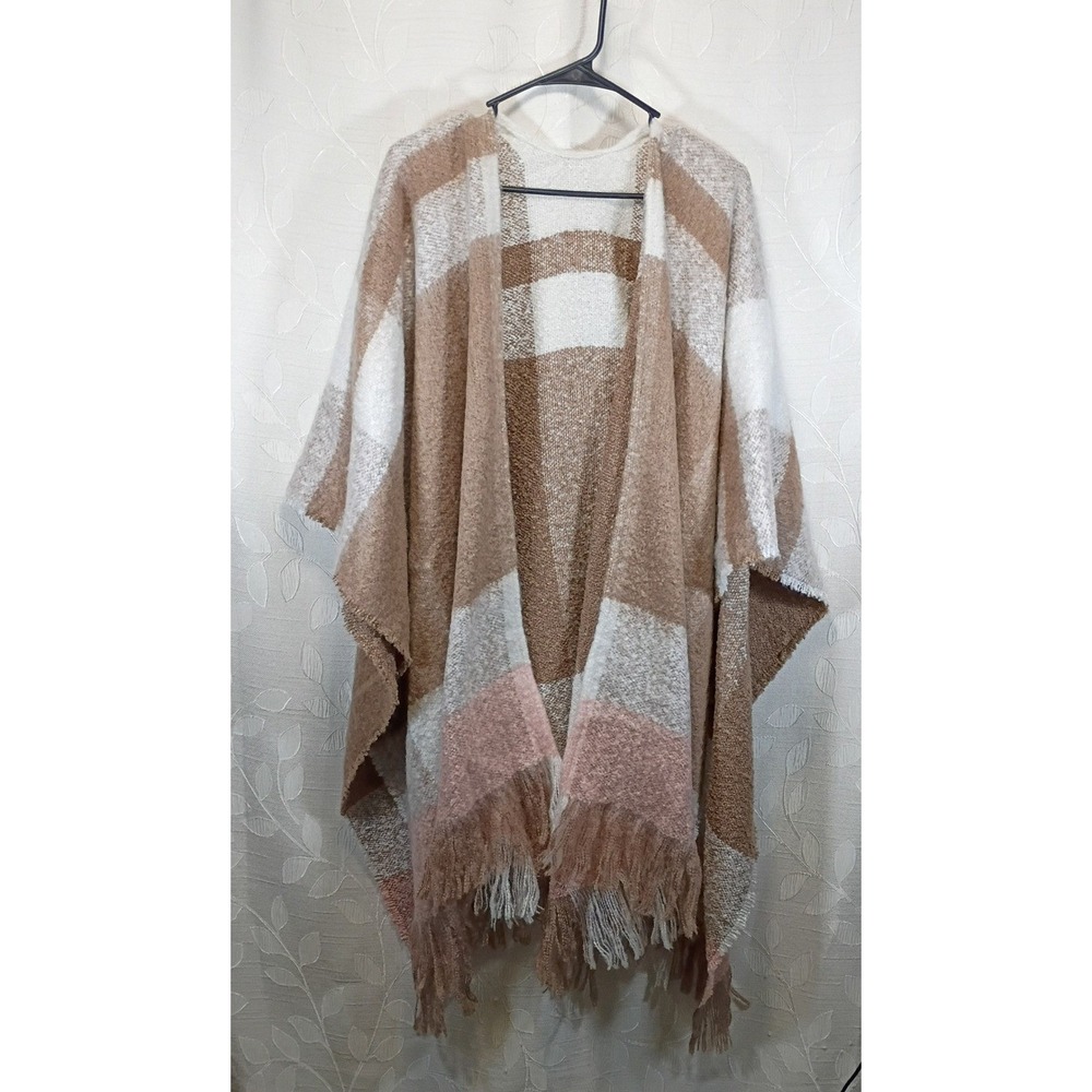 Lane Bryant Plaid Fringe Poncho Wrap Brown Cream Pink One Size